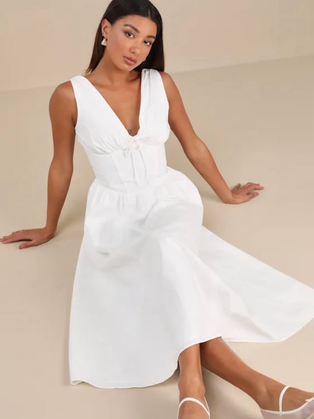 Lulu's White Midi Dress with V-Neck and Waist Tie